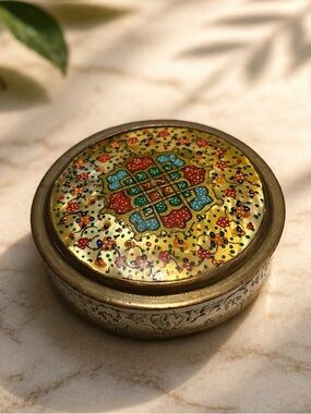 Vintage Enamel & Mother of Pearl Inlay Trinket Box Persian Inspired